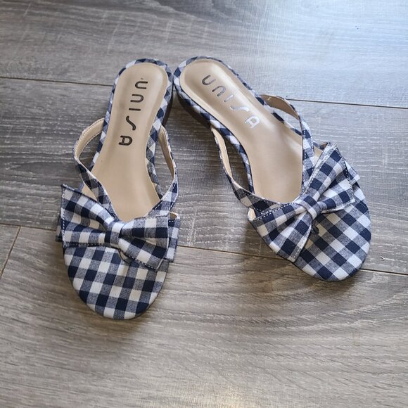 Unisa Sandals Blue White Checkered Flats Bow Sz 6.5M Country Chic Slip On - Picture 4 of 6